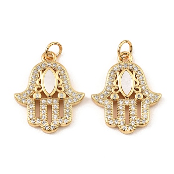 Brass Cubic Zirconia with Shell Pendants, Long-Lasting Plated, Lead Free & Cadmium Free, Hamsa Hand, Real 18K Gold Plated, 21x17x2.5mm