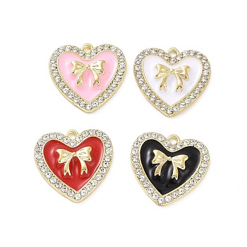 Alloy Enamel Pendants, with Crystal Rhinestone, Cadmium Free & Lead Free, Light Gold, Heart with Bowknot, Mixed Color, 20.5x20.5x3.5mm, Hole: 1.8mm
