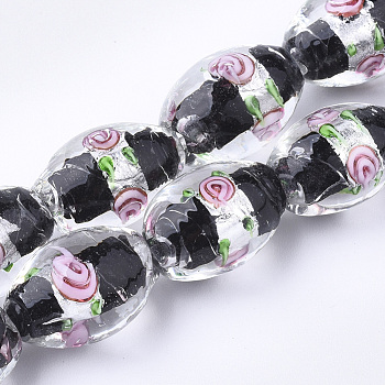 Handmade Silver Foil Glass Lampwork Beads, Oval with Flower, Black, 16~17x9~11mm, Hole: 1.5~2mm