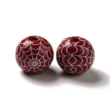 Halloween Printed Spider Webs Colored Wood European Beads, Large Hole Beads, Round, Dark Red, 16mm, Hole: 4mm
