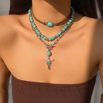 3Pcs 3 Styles Retro Synthetic Turquoise & CCB Plastic Beaded Necklace Set, Cow Head Alloy Pendant Necklaces for Women, Antique Silver & Platinum, 14.76~17.28 inch(37.5~43.9cm), 1pc/style