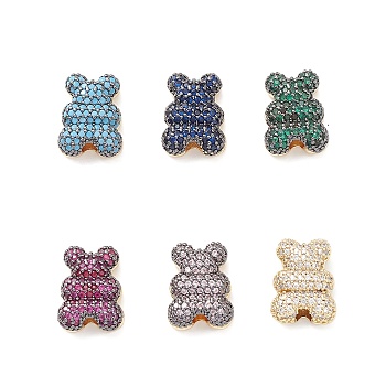 Brass Micro Pave Cubic Zirconia Beads, Real 18K Gold Plated, Bear, Mixed Color, 16x12x6mm, Hole: 2.5mm