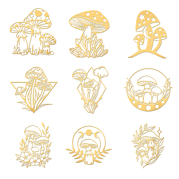 9Pcs 9 Styles Custom Carbon Steel Self-adhesive Picture Stickers, Golden, Mushroom Pattern, 40x40mm, 1pc/style