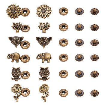 30 Sets 6 Style Brass Snap Button, Alloy Cap, Cotton-padded Clothes Coat Down Jacket Buckle, Antique Bronze, Elephant & Owl & Tree of Life, Mixed Patterns, 14.5~27.5x15~22.5x4.5~9mm, 4pcs/set, 5 sets/style