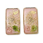 Plating Brass & Transparent Epoxy Resin & Dried Flower Pendants, Rectangle with Flower & Butterfly Pattern Charm, with Glitter Powder, Pink, 32x17x5mm, Hole: 0.9mm(RE-CBAA153-04A)