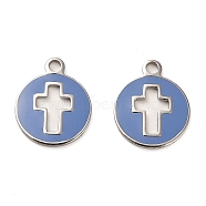 304 Stainless Steel Charms, with Enamel, Flat Round with Cross Charms, Stainless Steel Color, 14.5x12x1mm, Hole: 1.6mm(STAS-L022-092P)