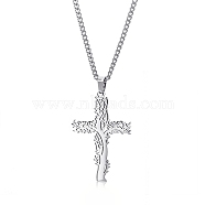 Stainless Steel Tree of Life Cross Pendant Curb Chain Necklaces, Stainless Steel Color, 23.62 inch(60cm)(PW-WGAB092-01)