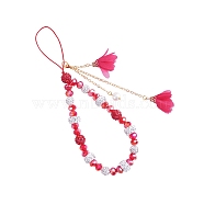 Polymer Clay Rhinestone & Glass Beaded Chain Mobile Strap, with Chiffon Flower Tassel, Anti-Lost Cellphone Wrist Lanyard, for Car Key Purse Phone Supplies, Red, 12cm(HJEW-SW00021-02)