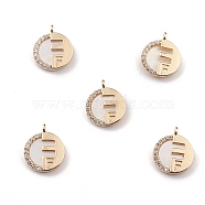 Natural Freshwater Shell Letter Charms, Flat Round with Letter.F, with Brass Crystal Rhinestone Findings, Light Gold, 12.5x10x2mm, Hole: 1.2mm(BSHE-E028-09KCG)