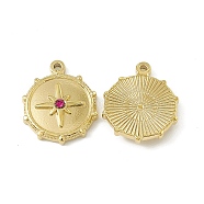 Vacuum Plating 201 Stainless Steel Pendants, Rose Rhinestone Flat Round with Star Charms, Real 18K Gold Plated, 19.5x16.5x3.5mm, Hole: 1.4mm(STAS-J401-VC574)