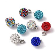 Polymer Clay Rhinestone Pendants, with Platinum Tone Iron Pinch Bail, Round, Mixed Color, PP13(1.9~2mm), 15x12mm, Hole: 5x3mm(RB-S055-12B-M)
