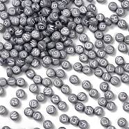 Opaque Acrylic Beads, with Enamel, Flat Round with Random Letter, Gray, 7x3.7mm, Hole: 1.2mm, about 3600pcs/500g(ACRC-Q008-02)