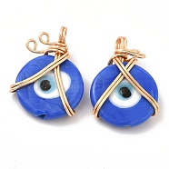 Wire Wrapped Handmade Lampwork Pendants, with Copper Findings, Real 18K Gold Plated, Long-Lasting Plated, Flat Round with Evil Eye, Blue, 25x18x7mm, Hole: 2.9mm(KK-E076-03G-03)