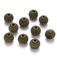Painted Natural Wood Beads, Laser Engraved Pattern, Round with Leave Pattern, Olive, 10x9mm, Hole: 2.5mm(WOOD-N006-02A-11)