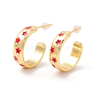 Real 18K Gold Plated Brass Stud Earrings for Women, Star Pattern Enamel Open Hoop Earrings, Rack Plating Half Hoop Earrings, Cadmium Free & Lead Free, Red, 6x19x2mm, Pin: 1mm, Inner Diameter: 16mm(EJEW-I684-08G-01-RS)