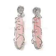 Natural Rose Quartz Pendants, with Platinum Tone Rack Plating Brass Wire Wrap, Lead Free & Cadmium Free, Cone, 61x15.5x14mm, Hole: 4mm(G-K338-28P-01)