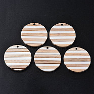 Stripe Resin & Wood Pendants, FLat Round, White, 30x3mm, Hole: 2mm(RESI-N025-017A-B01)