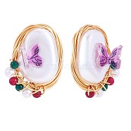 Shell Pearl with Acrylic Butterfly Stud Earrings, Golden Brass Wire Wrap Jewelry for Women, Colorful, 19x17mm, Pin: 0.7mm(JE973A)