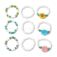3Pcs 3 Style Glass Seed Beaded Stretch Rings, Flower Stackable Finger Rings, Mixed Color, Inner Diameter: 17.8~18mm, 1Pc/style(RJEW-JR00658)