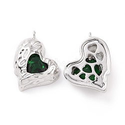 Brass Micro Pave Green Cubic Zirconia Pendants, Heart Charm, Platinum, 19x16x5mm, Hole: 1.6mm(KK-E068-VC453)