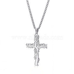 Stainless Steel Tree of Life Cross Pendant Curb Chain Necklaces, Stainless Steel Color, 23.62 inch(60cm)(PW-WGAB092-01)