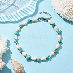 Synthetic Turquoise Chips & Natural Trumpet Shell Beaded Anklets, 9-1/4 inch(23.6cm)(AJEW-AN00585)