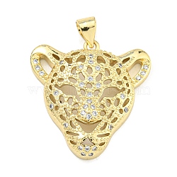 Brass Micro Pave Cubic Zirconia Pendants, Leopard Head Charms, Real 18K Gold Plated, 24x23.5x5.5mm, Hole: 4x3.5mm(KK-K354-13C-G)