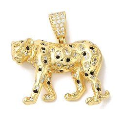 Rack Plating Brass Micro Pave Black Cubic Zirconia Pendants, Cadmium Free & Lead Free, Long-Lasting Plated, Leopard, Real 18K Gold Plated, 31x41x9mm, Hole: 8.5x5.5mm(KK-P267-01A-G)