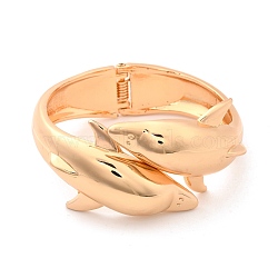 Double Dolphin Cuff Bangle, Hinged Open Bangle for Women, Golden, Inner Diameter: 2-3/8 inch(6cm)(BJEW-B049-05G)