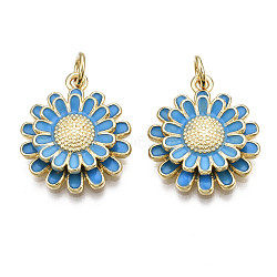 Brass Enamel Pendants, Nickel Free, Real 16K Gold Plated, with Jump Rings, Chrysanthemum, Deep Sky Blue, 18.5x16x4mm, Jump Ring: 5x1mm, Inner Diameter: 3mm(KK-Q769-014F-NF)