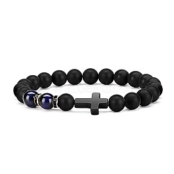 Cross Natural Obsidian & Dyed Tiger Eye Stretch Bracelet, Blue(HU1552-7)