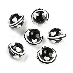 Hand Painted Acrylic with Enamel Beads, Cartoon, Round with Heart, Black, 18x19x15mm, Hole: 2.7mm(MACR-K354-20)
