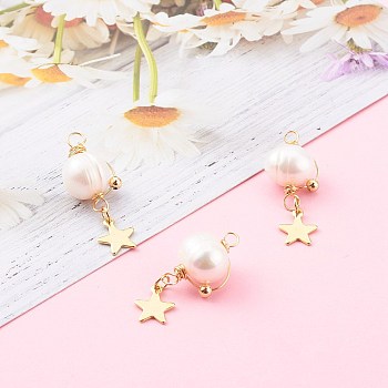 3Pcs Natural Cultured Freshwater Pearl Copper Wire Wrapped Potato Pendants, 304 Stainless Steel Star Charms, Golden, White, 30.5~32x12~14.5x9.5~10.5mm, Hole: 1.8mm