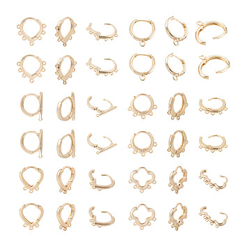 12 Pairs 6 Style Brass Hoop Earring Findings, with Loop, Flower & Ring & Triangle & Teardrop, Real 14K Gold Plated, 10 Gauge, 15~17.5x13.5~18.5x2.5mm, Hole: 1mm, Pin: 0.7mm, 2 pairs/style