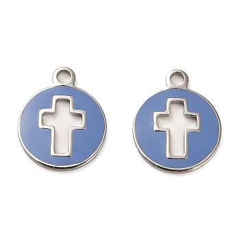 304 Stainless Steel Charms, with Enamel, Flat Round with Cross Charms, Stainless Steel Color, 14.5x12x1mm, Hole: 1.6mm