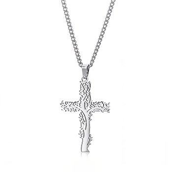 Stainless Steel Tree of Life Cross Pendant Curb Chain Necklaces, Stainless Steel Color, 23.62 inch(60cm)