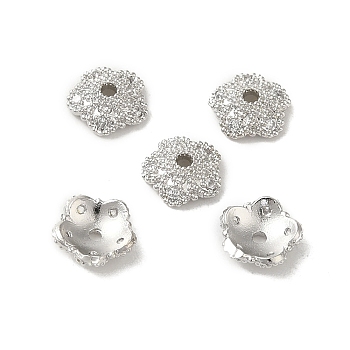Rack Plating Brass Beads Caps, with Clear Cubic Zirconia, Long-Lasting Plated, Lead Free & Cadmium Free, Flower, Platinum, 6x6x2mm, Hole: 1mm