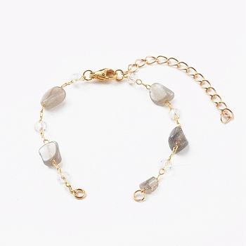 Nuggets Natural Labradorite Beaded Bracelet Makings, with Brass Cable Chains and 304 Stainless Steel Lobster Claw Clasps, Golden, 6-1/8 inch(15.5cm)