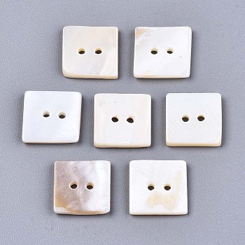 2-Hole Freshwater Shell Buttons, Square, Seashell Color, 12x12x2mm, Hole: 1.4mm
