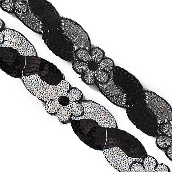 8-Shaped Polyester Ribbons, with Sequins, Black, 1-5/8 inch(40mm), about 14.76 Yards(13.5m)/Bundle
