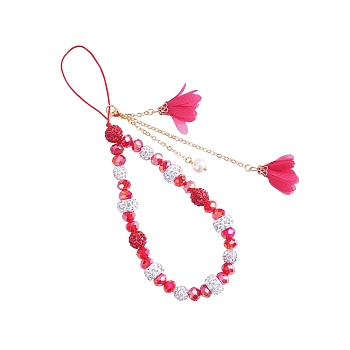 Polymer Clay Rhinestone & Glass Beaded Chain Mobile Strap, with Chiffon Flower Tassel, Anti-Lost Cellphone Wrist Lanyard, for Car Key Purse Phone Supplies, Red, 12cm