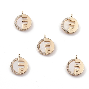 Natural Freshwater Shell Letter Charms, Flat Round with Letter.F, with Brass Crystal Rhinestone Findings, Light Gold, 12.5x10x2mm, Hole: 1.2mm
