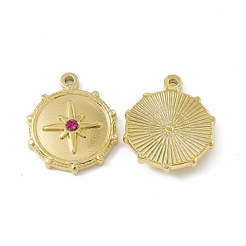 Vacuum Plating 201 Stainless Steel Pendants, Rose Rhinestone Flat Round with Star Charms, Real 18K Gold Plated, 19.5x16.5x3.5mm, Hole: 1.4mm