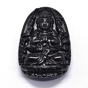 Natural Obsidian Carven Pendants, Guardian, Black, 53.5x34x11mm, Hole: 1mm