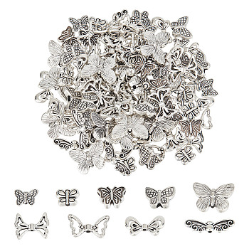 108Pcs 9 Styles Tibetan Style Alloy Beads, Butterfly & Bowknot, Antique Silver, 8~22x7~18x3~5mm, Hole: 1~2mm, 12pcs/style