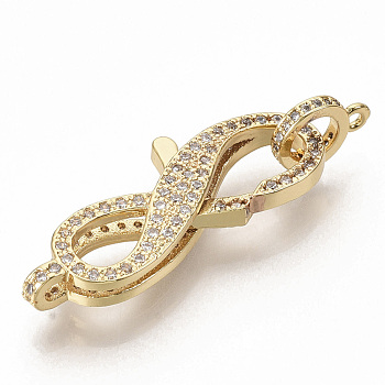 Brass Micro Pave Clear Cubic Zirconia Lobster Claw Clasps, with Tube Bails, Number 8, Real 16K Gold Plated, 32x13x5.5mm, Hole: 1.8mm