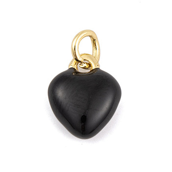 Rack Plating Brass Enamel Pendants, with Jump Ring, Cadmium Free & Lead Free, Long-Lasting Plated, Real 18K Gold Plated, Heart Charm, Black, 9.5x7.5x3.5mm, Hole: 3mm