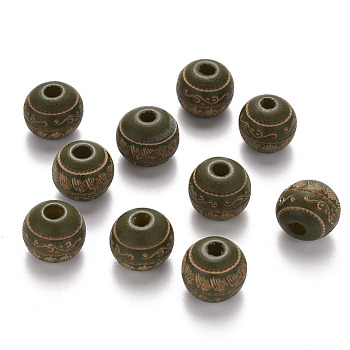 Painted Natural Wood Beads, Laser Engraved Pattern, Round with Leave Pattern, Olive, 10x9mm, Hole: 2.5mm