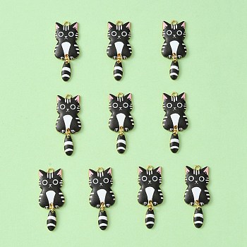 Light Gold Rack Plating Alloy Enamel Pendants, Cadmium Free & Nickel Free & Lead Free, Cat Charm, Black, 38x15.7x3mm, Hole: 2mm