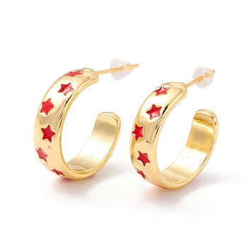 Real 18K Gold Plated Brass Stud Earrings for Women, Star Pattern Enamel Open Hoop Earrings, Rack Plating Half Hoop Earrings, Cadmium Free & Lead Free, Red, 6x19x2mm, Pin: 1mm, Inner Diameter: 16mm